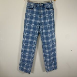 H&M Divided Plaid High Waist Straight Leg Jeans Blue Button Fly Size 6